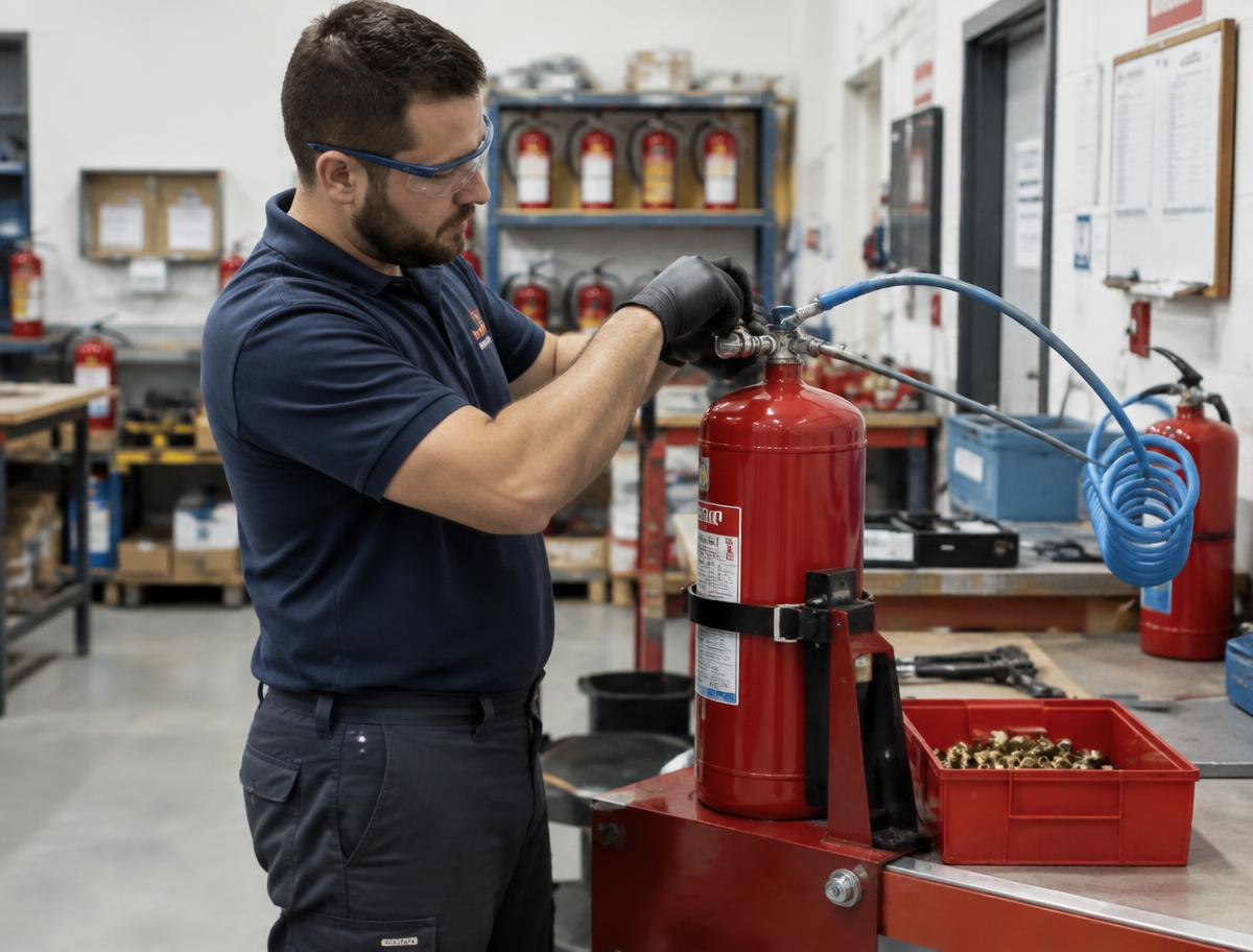 Técnico recargando un extintor en taller especializado
